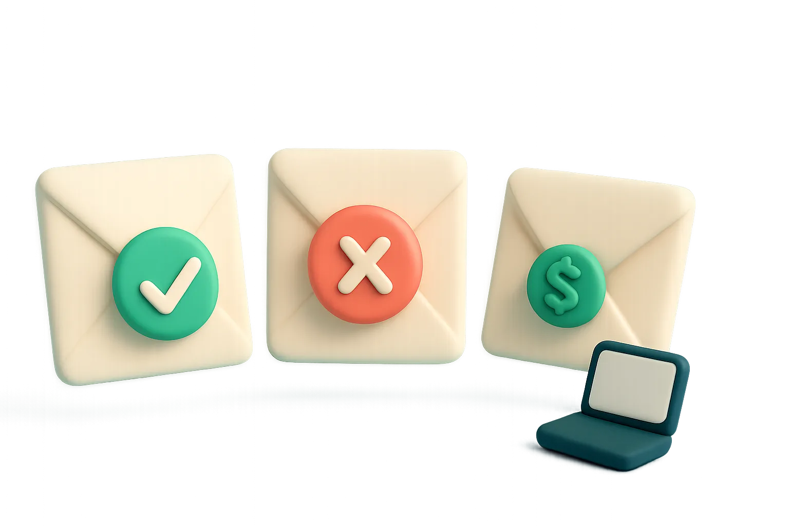 Tres sobres de email con etiquetas — uno aprobado, uno cancelado, uno con un reembolso — representando las acciones que se pueden tomar.
